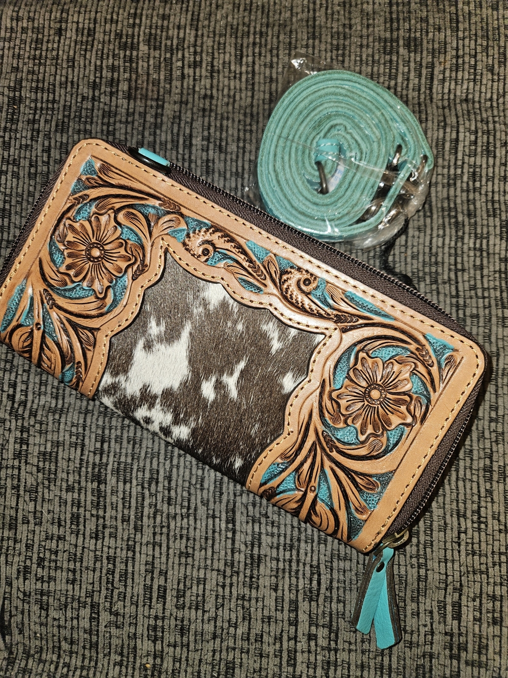 Turquoise Accented Tooled Leather Crossbody Wallet with Cowhide Panel